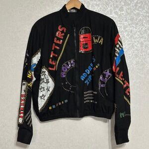 Modi Vintage USA Postage Sequin‎ Beaded Bomber Jacket Letters Black Novelty XL
